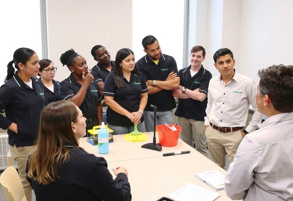 A group of cleaning professionals undergoing training in a modern facility.