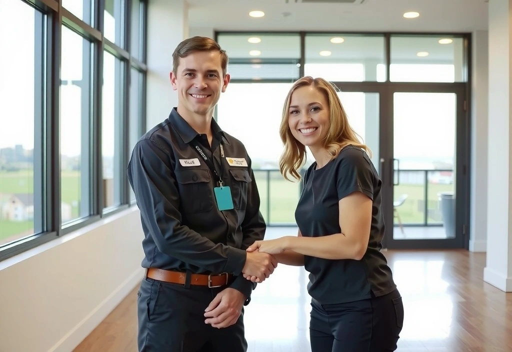 A happy client shaking hands with a cleaning service representative, symbolizing personalized service.