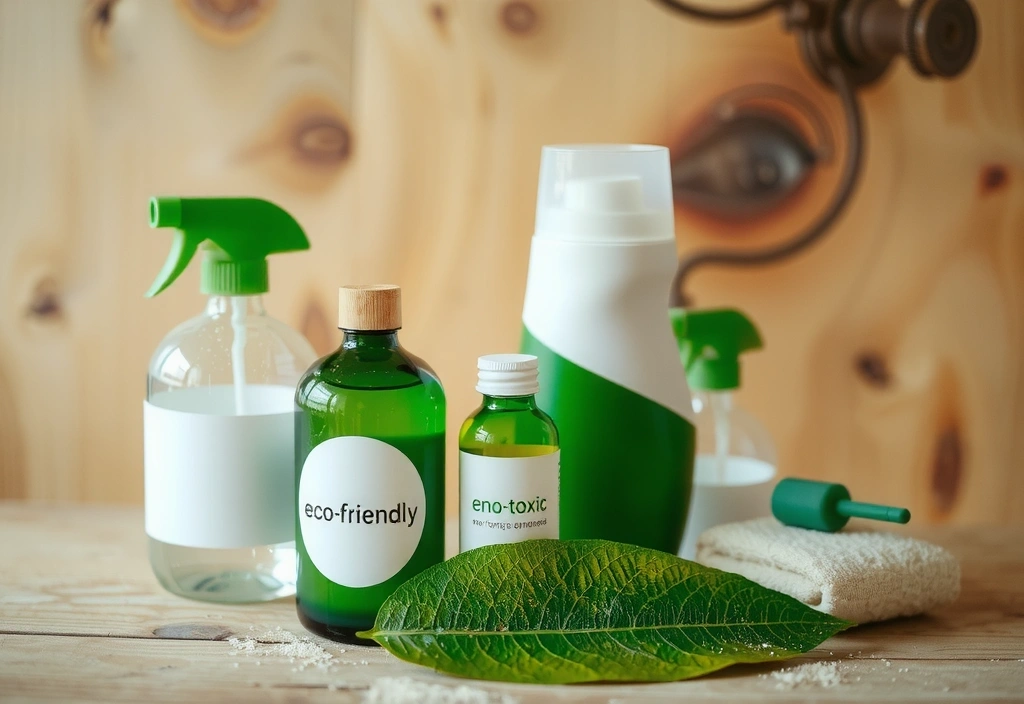 Green cleaning products and a leaf symbol representing eco-friendliness.