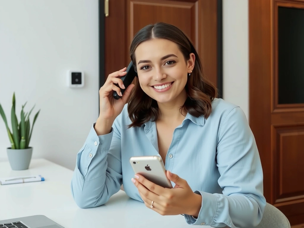A friendly customer service representative smiling while holding a phone, indicating readiness to help with booking inquiries.