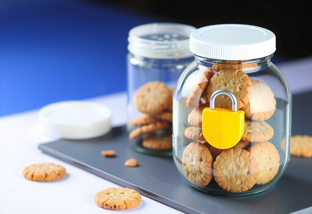 Detailed illustration of cookies being sorted and stored securely in digital jars