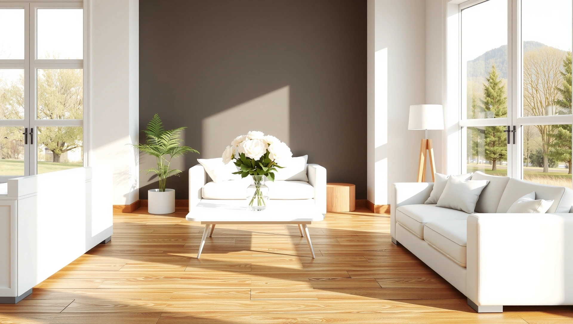 A sparkling clean, bright living room after professional cleaning